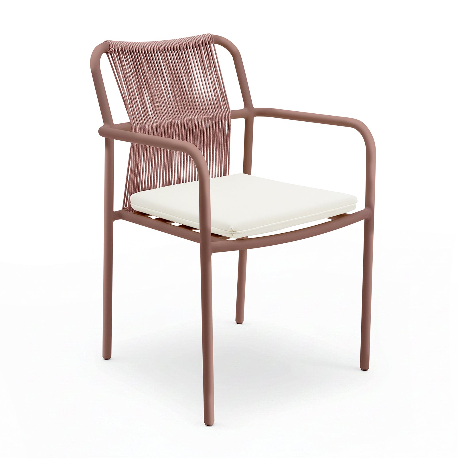 Evone Aluminium Rope Outdoor Dining Chair features a slim, terracotta tubular metal frame, woven-rope backrest, and a white seat cushion, embodying modern coastal style for outdoor dining.