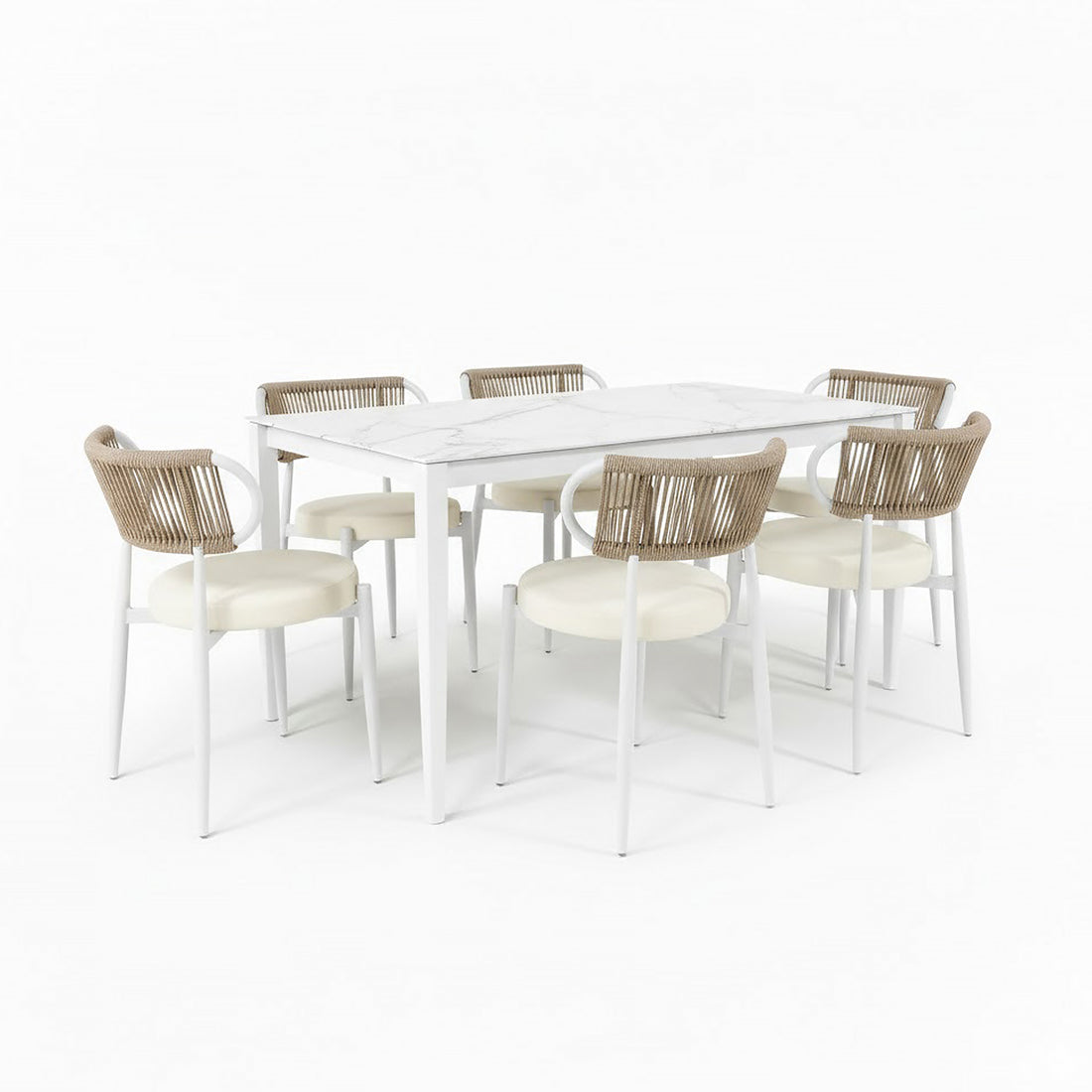 Cabria 7 Piece Sintered Stone Outdoor Dining Set in Beige features a marble-style table with a white frame, surrounded by six chairs with cream cushions and woven rope backrests, perfect for alfresco dining.