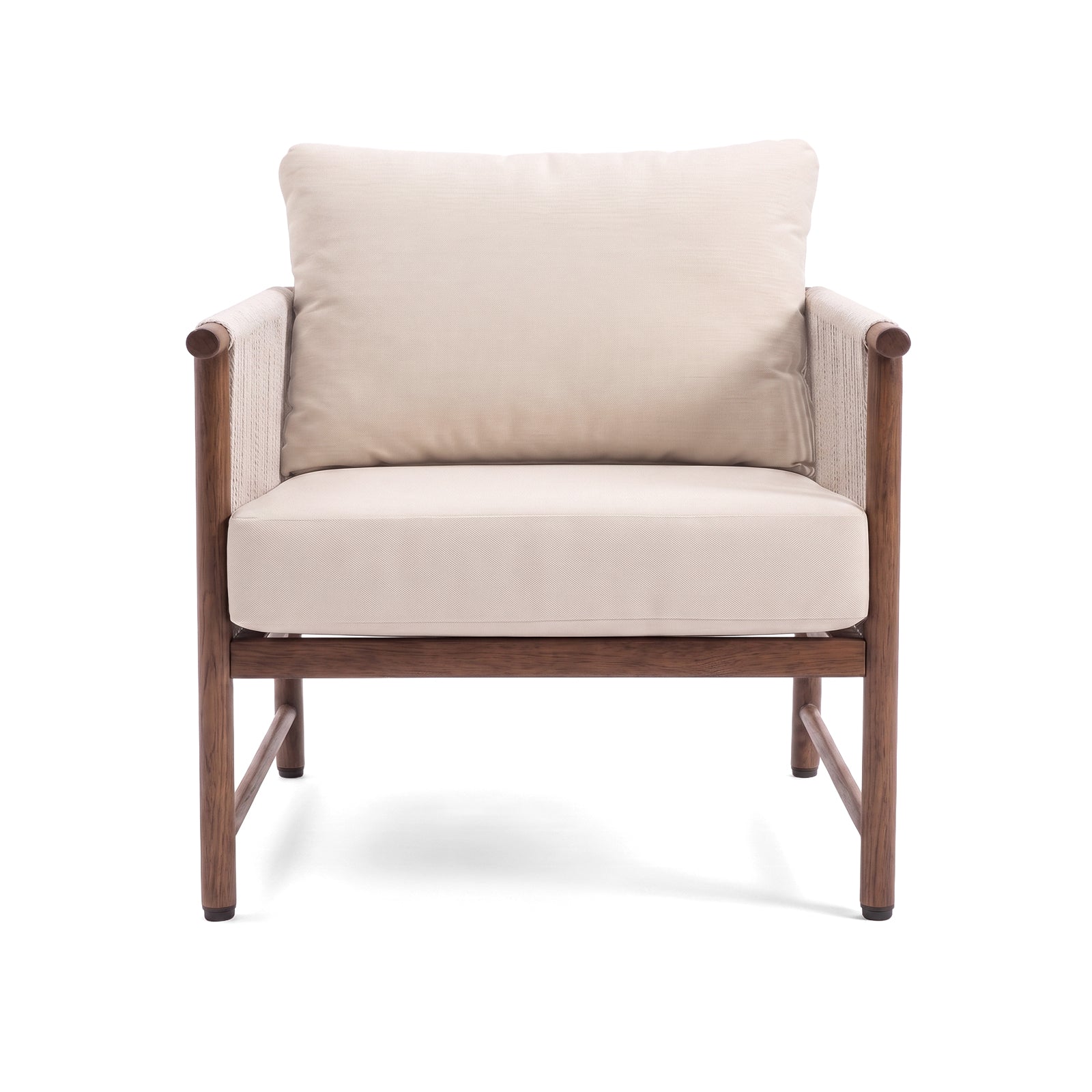 Modern armchair with wooden frame and beige cushions on white background