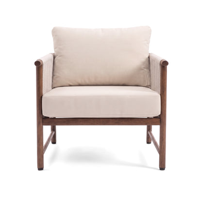 Modern armchair with wooden frame and beige cushions on white background