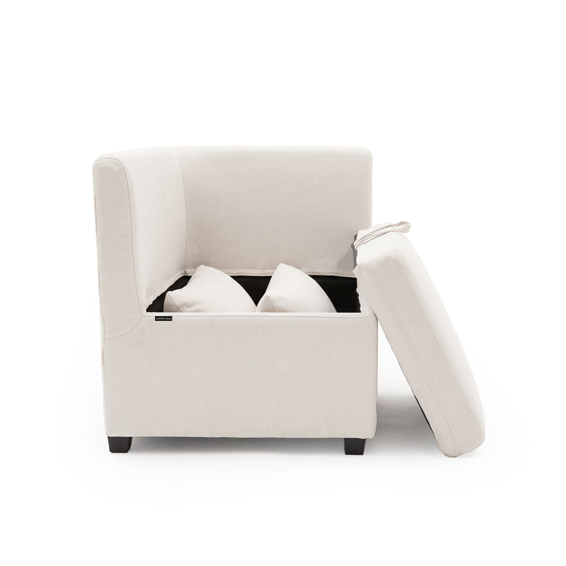 Cream upholstered storage chair with raised seat and cushions