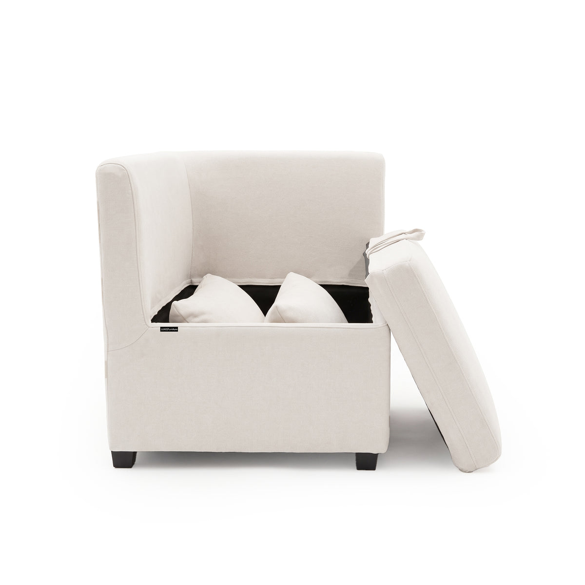 Cream upholstered storage chair with raised seat and cushions