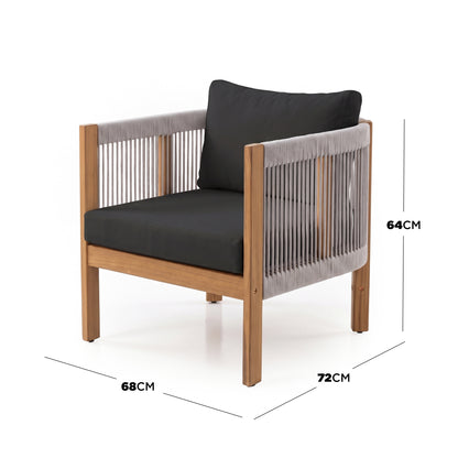 Modern armchair on a white background with dimensions labeled