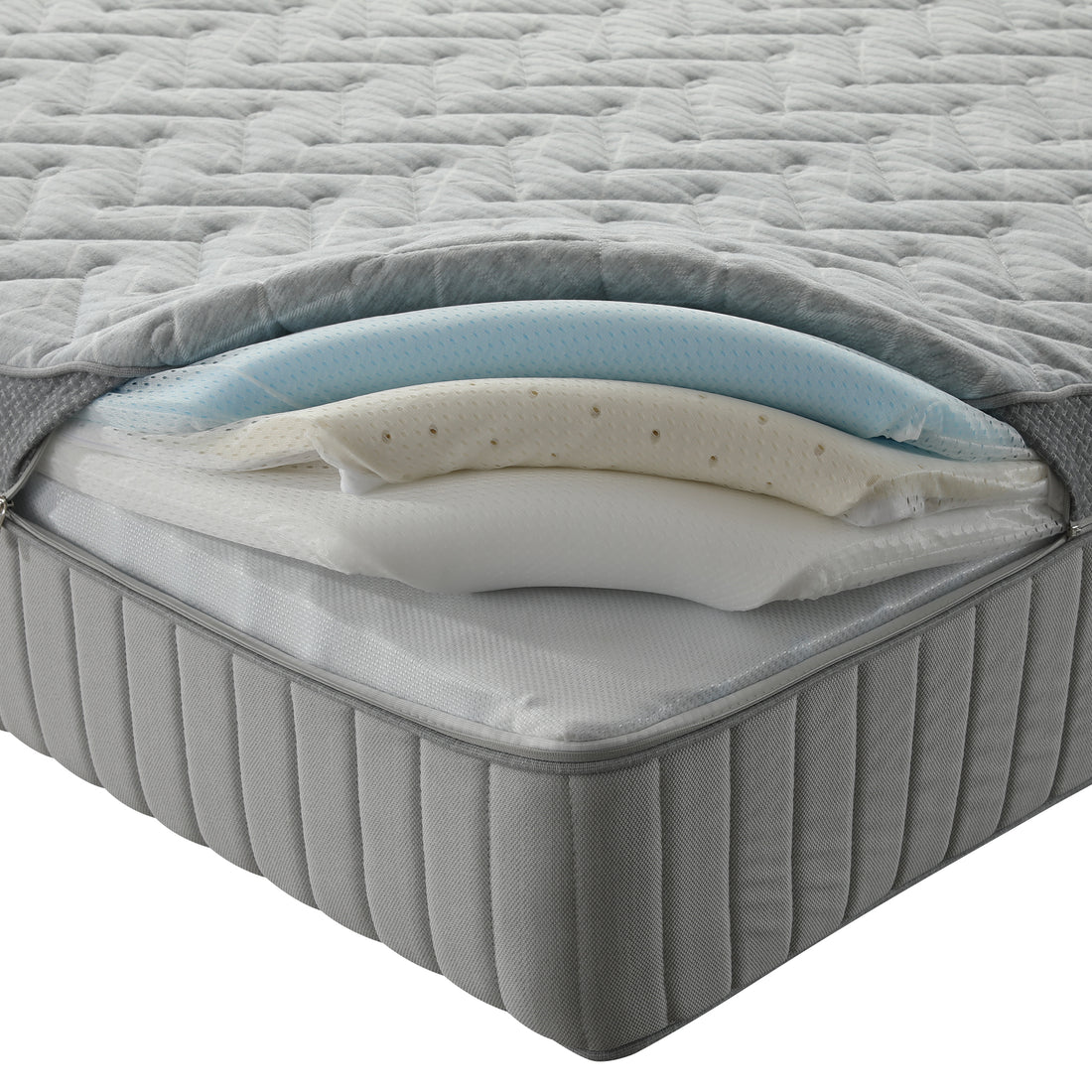 Mattress corner with internal foam layers exposed on a white background