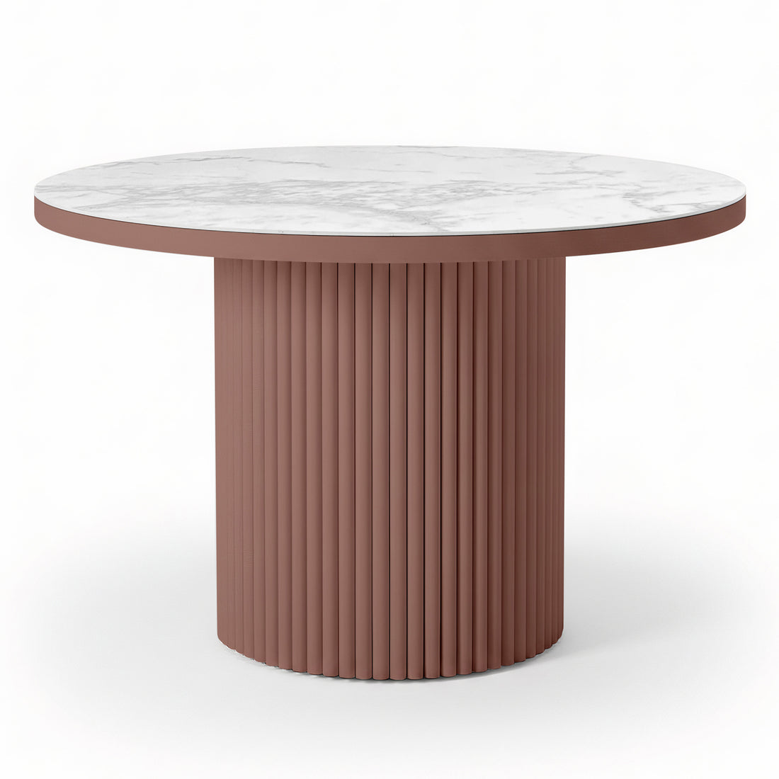 Evone 4 Seater Stone Outdoor Dining Table Set features a round, white marble-look tabletop and a fluted terracotta-brown cylindrical pedestal, perfect for alfresco dining.