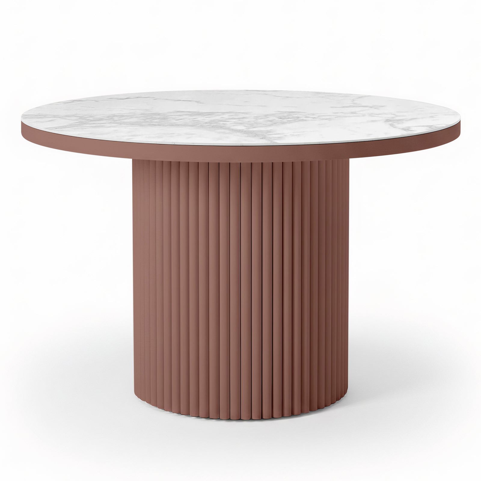 Evone 4 Seater Stone Outdoor Dining Table Set features a round, white marble-look tabletop and a fluted terracotta-brown cylindrical pedestal, perfect for alfresco dining.