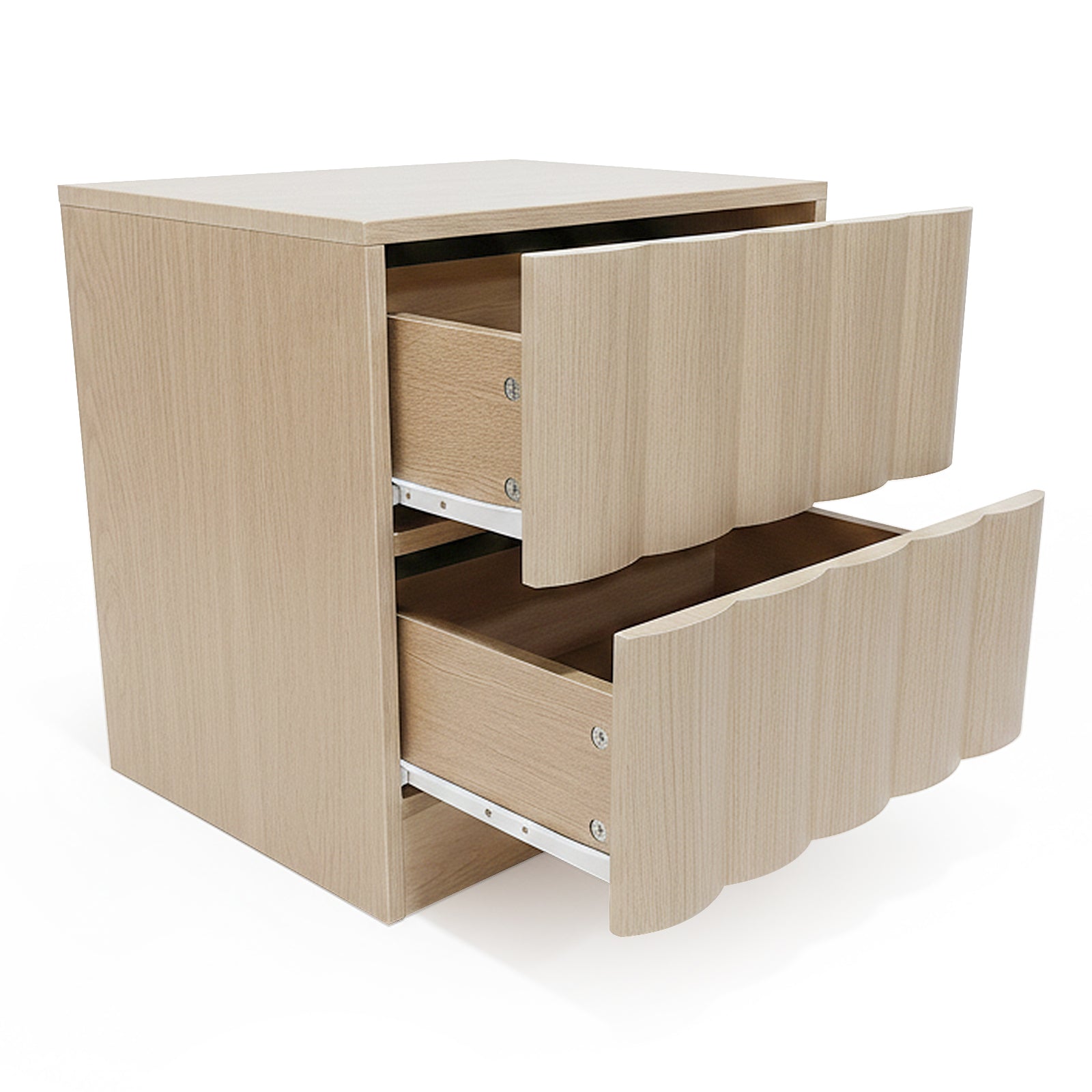 Light wood two-drawer storage unit slightly angled on white background