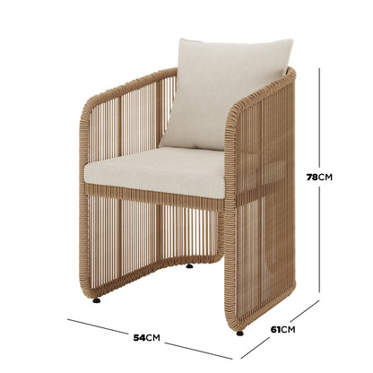 Vellora 4 Seater Wicker Outdoor Dining Set features a woven-rope armchair with a tubular frame and light-beige cushions, perfect for patios, combining coastal style with durability for alfresco dining.
