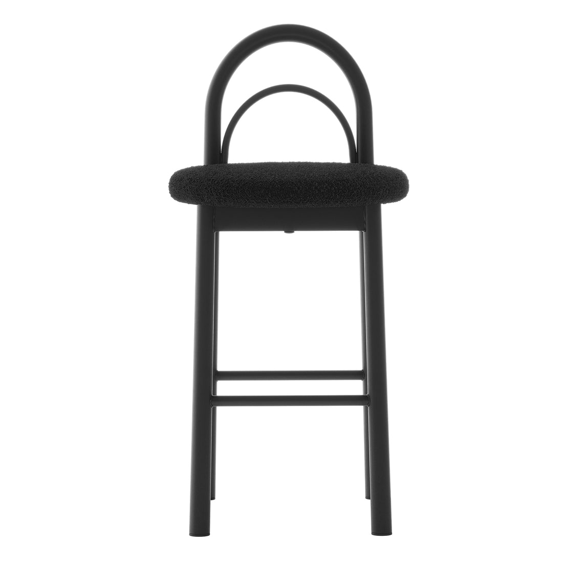 Modern black bar stool with curved backrest and cushioned seat on a white background
