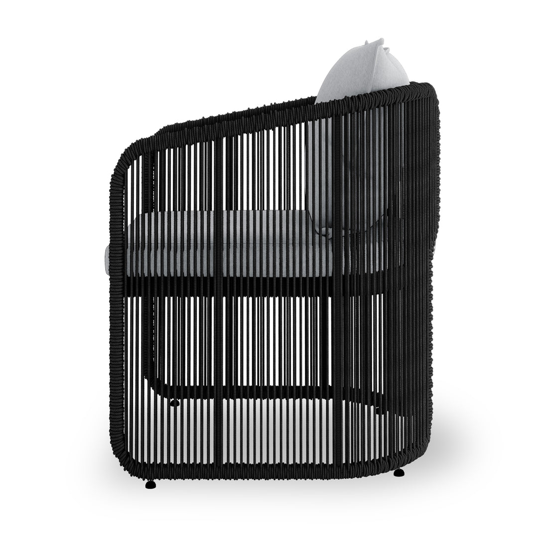 Vellora 4 Seater Wicker Outdoor Dining Set in Black features a modern lounge chair with a cage-like black cord frame, plush light-gray cushions, ideal for stylish, comfortable outdoor dining.