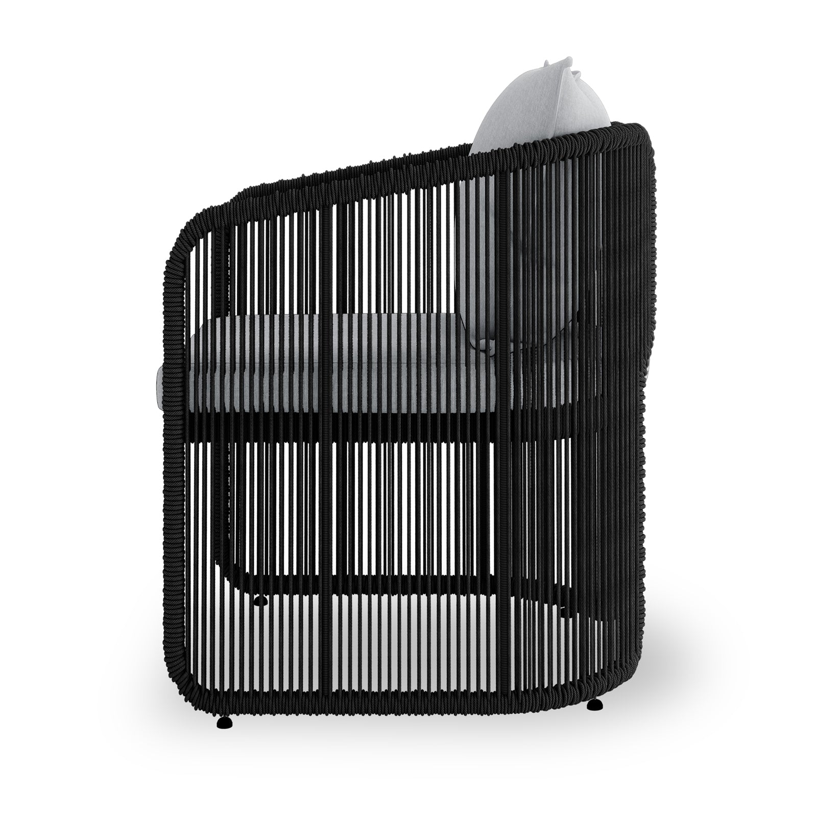 Vellora 4 Seater Wicker Outdoor Dining Set in Black features a modern lounge chair with a cage-like black cord frame, plush light-gray cushions, ideal for stylish, comfortable outdoor dining.