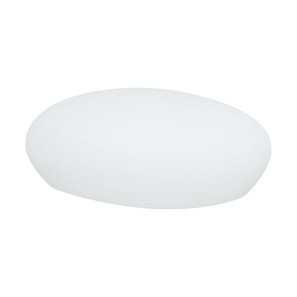 Smooth, white, oval-shaped Solar Charging Outdoor LED Rock Light resembling a natural stone, designed for discreet garden illumination with solar power and remote-controlled multicolor LED features.