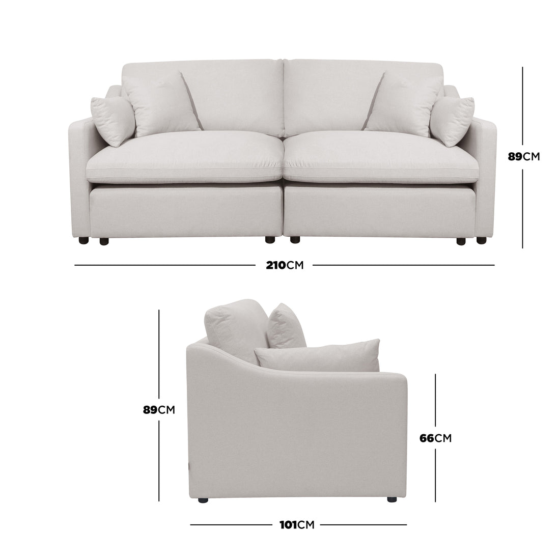 Modern light-colored 2-seater sofa shown on white background with labeled dimensions