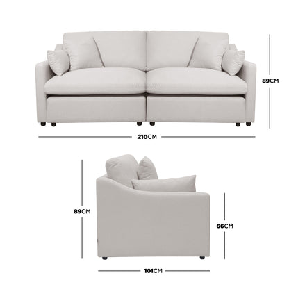 Modern light-colored 2-seater sofa shown on white background with labeled dimensions
