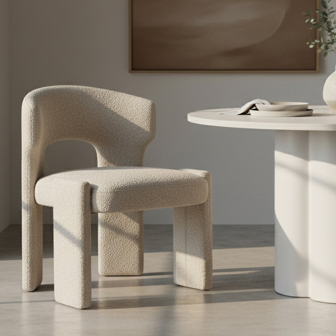 Lunari Bouclé Curved Accent Chair in Beige, featuring a cream bouclé fabric, rounded backrest, blocky legs, beside a pedestal table with ceramics and vase, set in a serene minimalist corner.