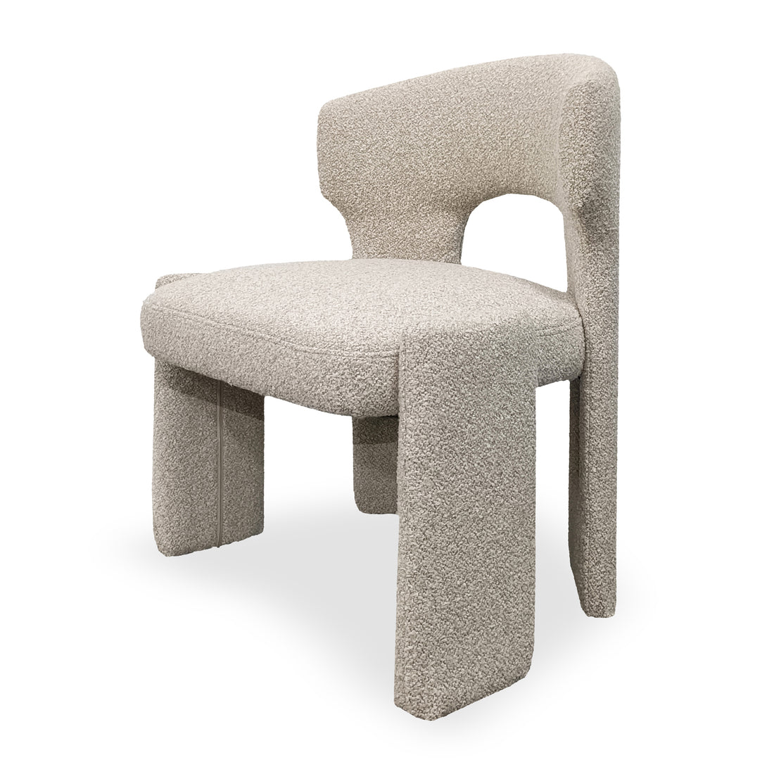 Lunari Bouclé Curved Accent Chair in Beige features a sculptural design with off-white bouclé upholstery, a high backrest with a cut-out, and wide panel-style legs for a modern, architectural look.