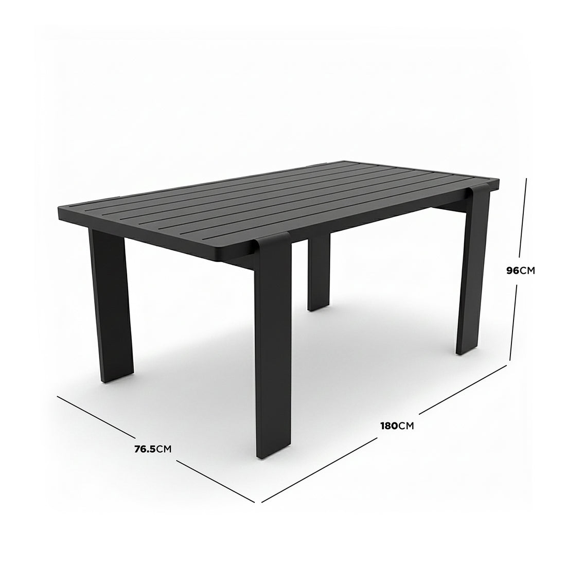 Positano 6 Seater Outdoor Dining Set in Black & Grey features a modern rectangular black table with a slatted top and four straight legs, designed for stylish outdoor dining.