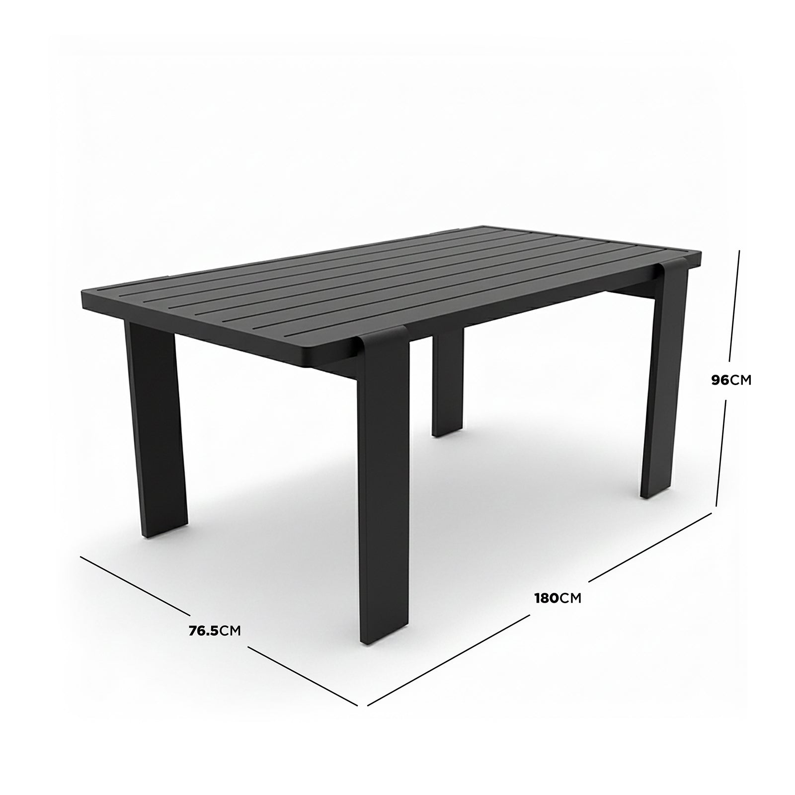 Positano 6 Seater Outdoor Dining Set in Black & Grey features a modern rectangular black table with a slatted top and four straight legs, designed for stylish outdoor dining.