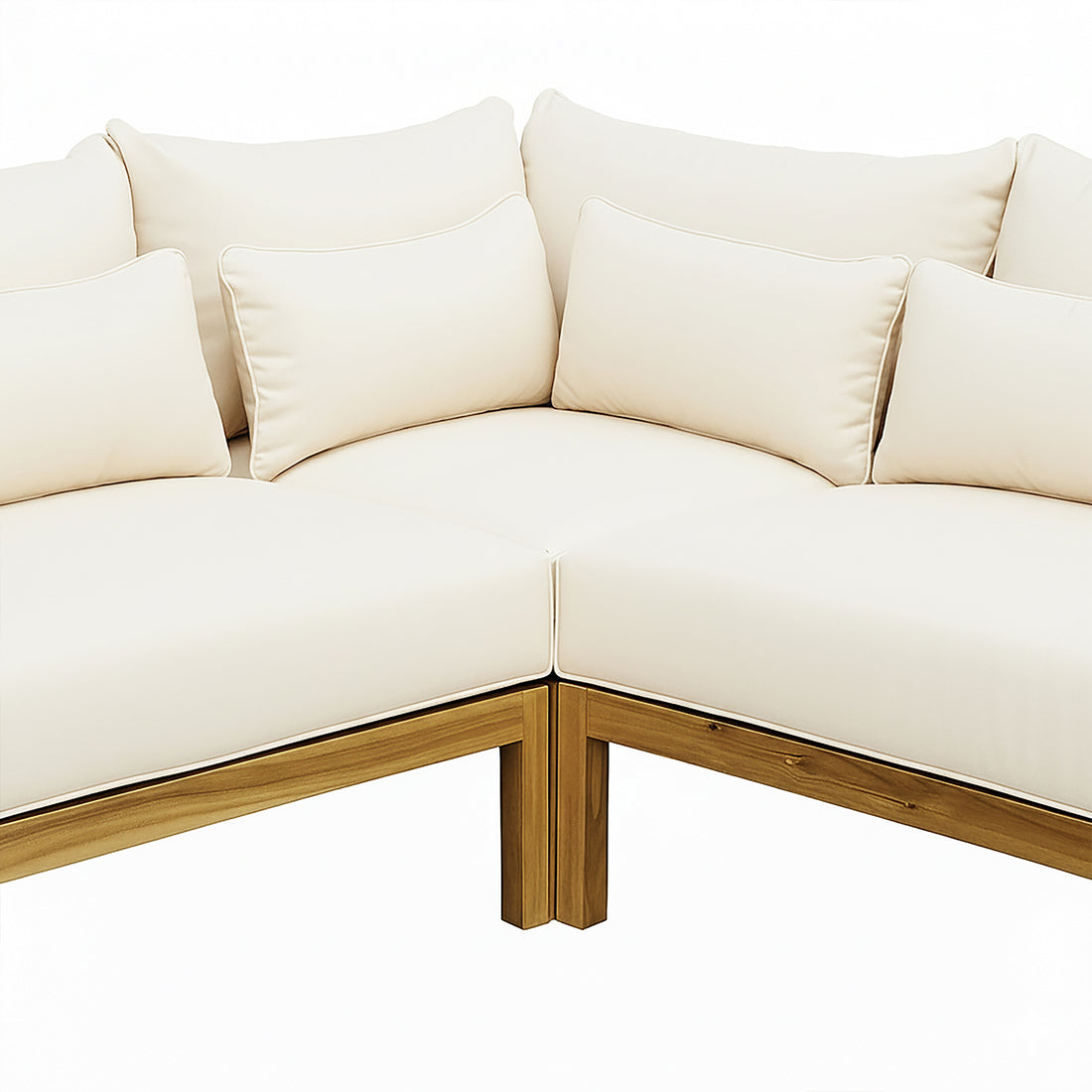 Tavi 5 Seater Solid Timber L Shape Outdoor Sofa in Beige features light cream cushions, warm-toned wood base and legs, and matching throw pillows, creating a cozy, inviting outdoor setting.