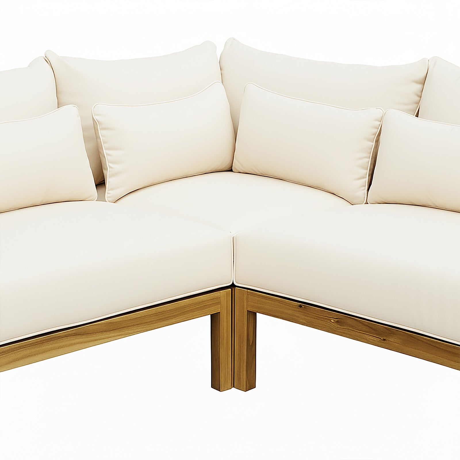 Tavi 5 Seater Solid Timber L Shape Outdoor Sofa in Beige features light cream cushions, warm-toned wood base and legs, and matching throw pillows, creating a cozy, inviting outdoor setting.