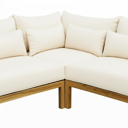 Tavi 5 Seater Solid Timber L Shape Outdoor Sofa in Beige features light cream cushions, warm-toned wood base and legs, and matching throw pillows, creating a cozy, inviting outdoor setting.