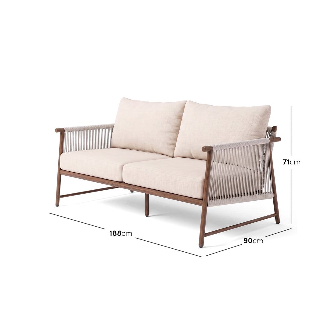 Two-seater sofa on white background with dimensions marked