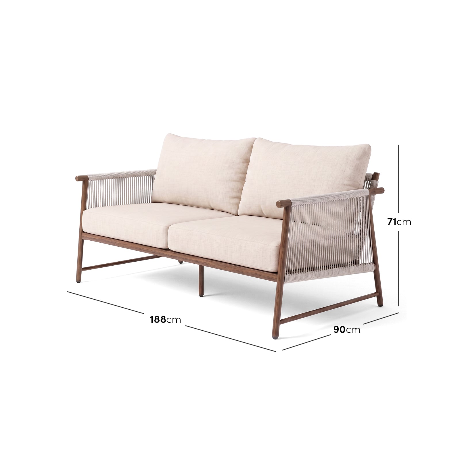 Two-seater sofa on white background with dimensions marked