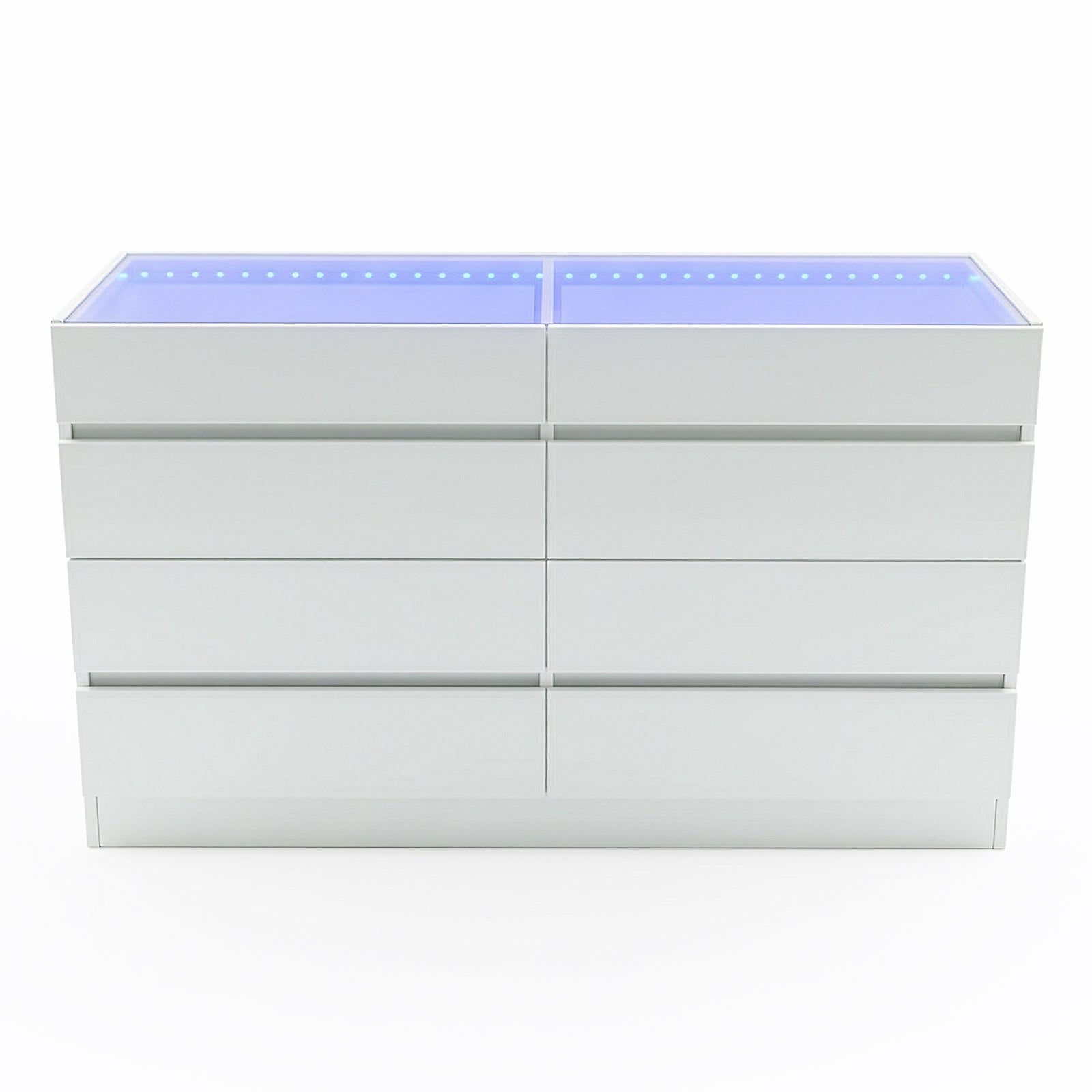 Modern white chest of drawers with eight handle-less drawers and blue-tinted glass top on white background