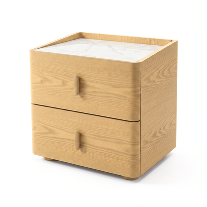 Light wood nightstand with two drawers and a white stone-look top on a white background