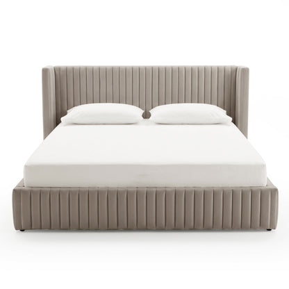 Front view of a complete taupe channel-tufted upholstered bed