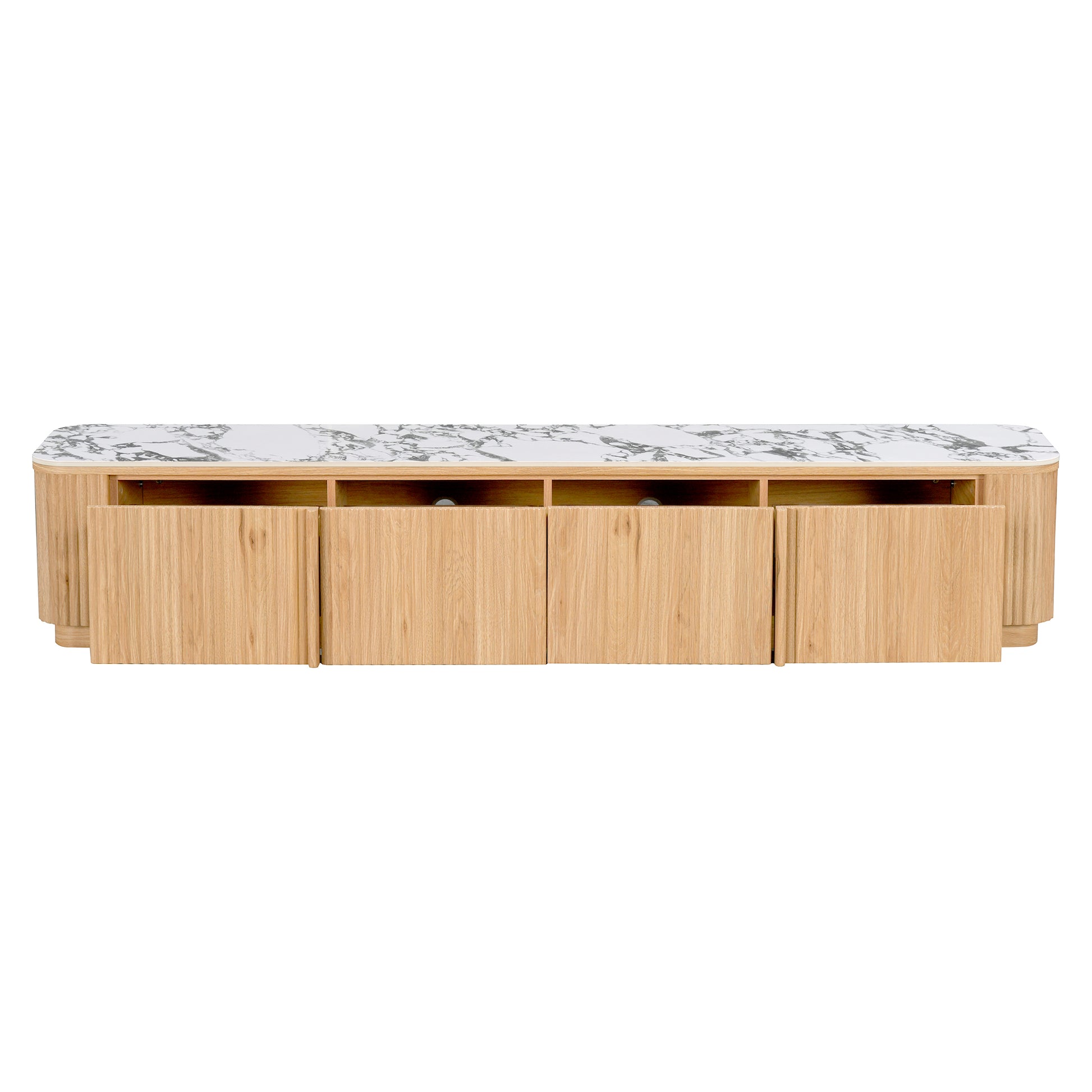 Modern low-profile TV console with light wood finish and marble-look top on white background