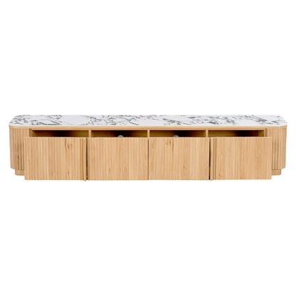 Modern low-profile TV console with light wood finish and marble-look top on white background