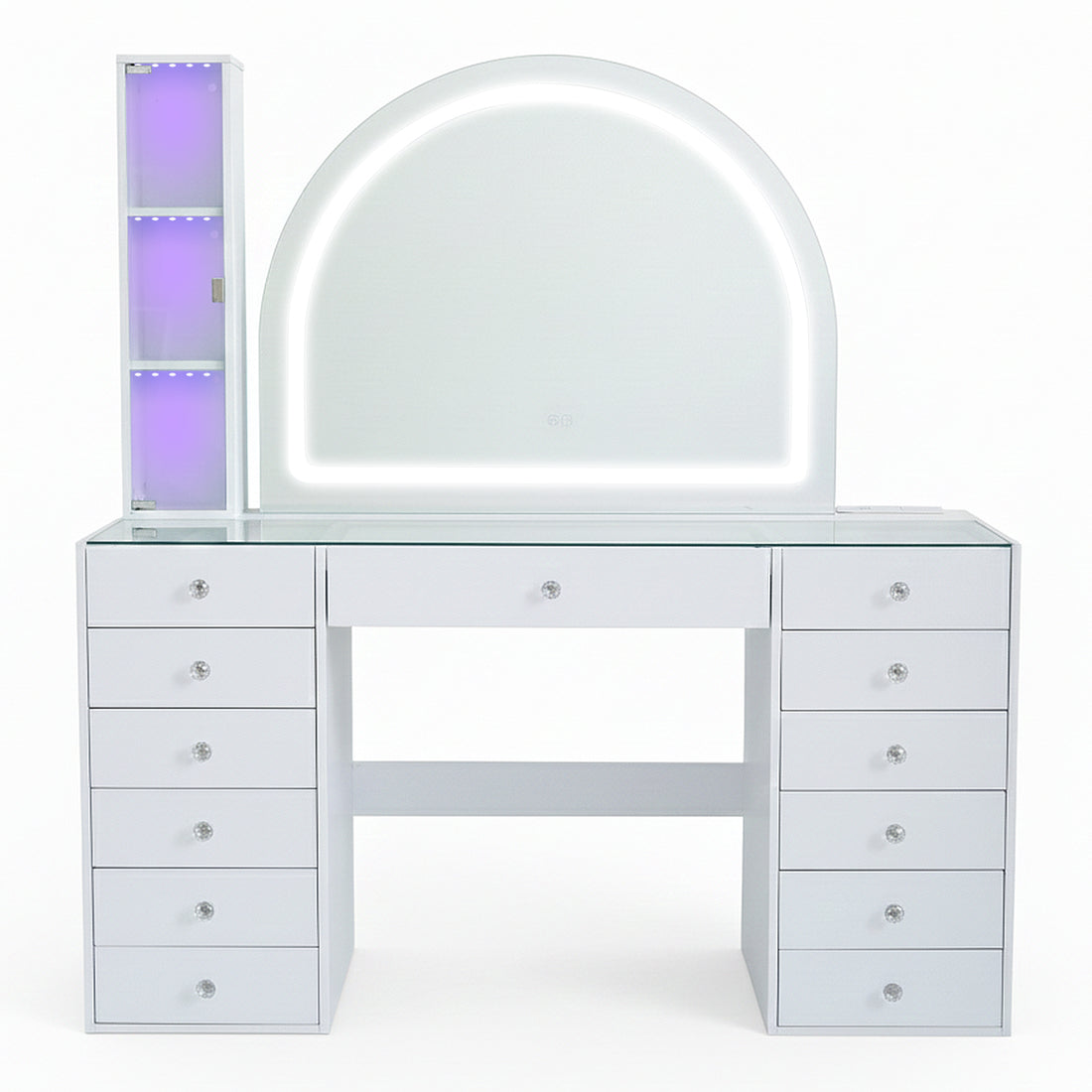 White vanity table with LED-lit semicircular mirror and side shelving on white background