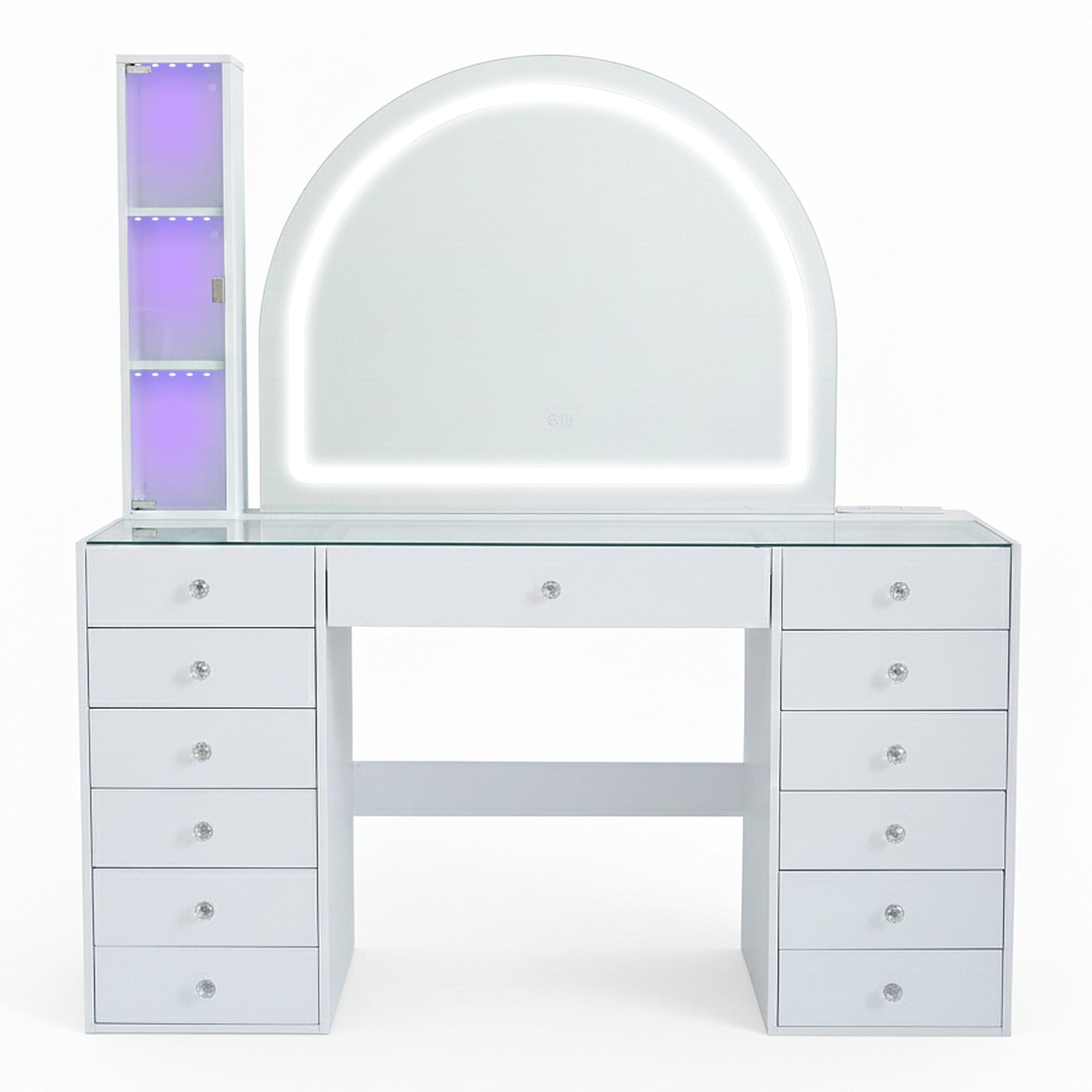 White vanity table with LED-lit semicircular mirror and side shelving on white background