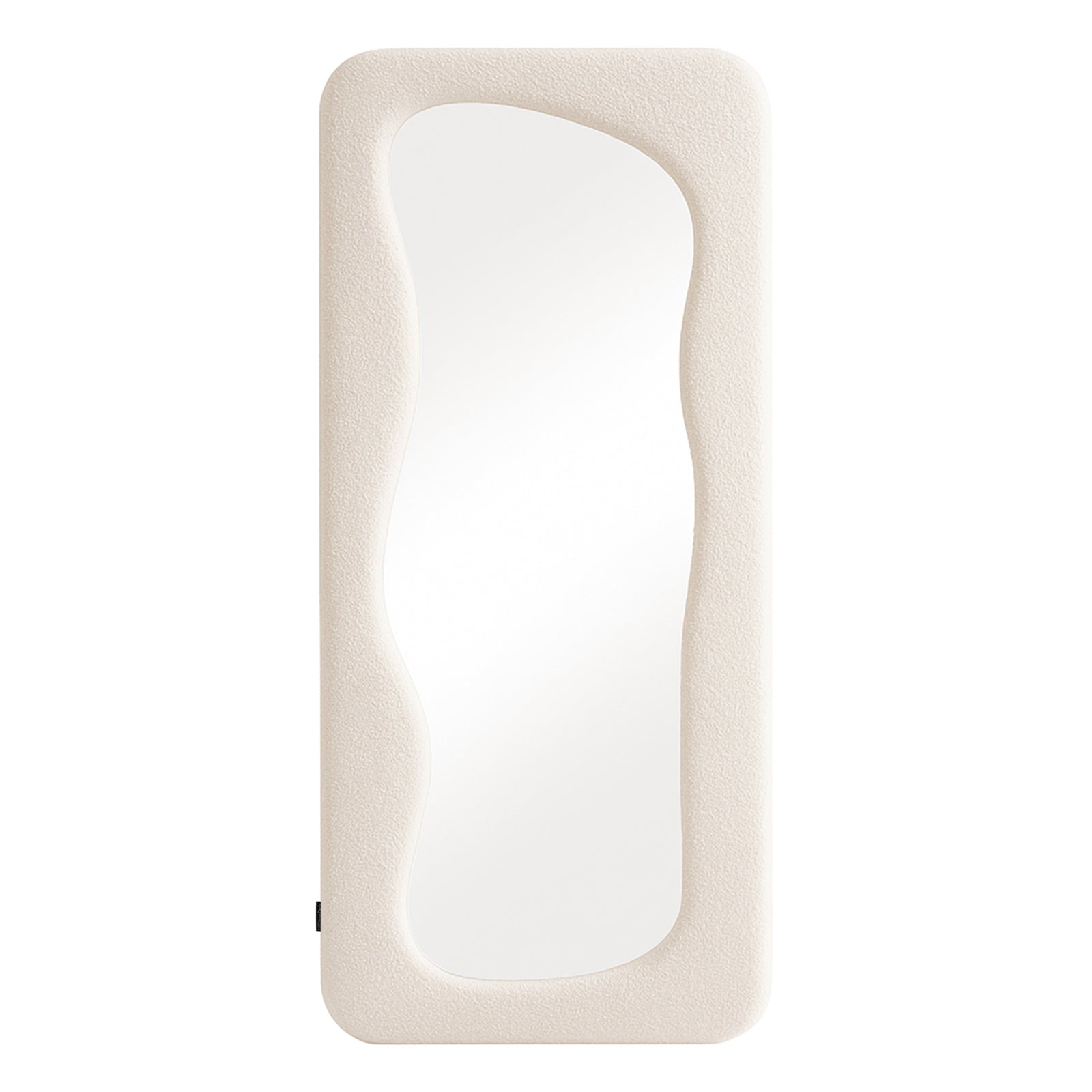 Sabrina 180cm Curved Full Length Mirror features a free-form reflective surface and a cream textured frame, offering modern, sculptural elegance and a full-body view for outfit checks.