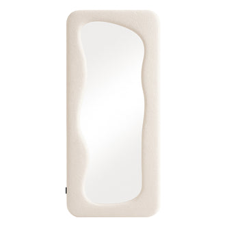Sabrina 180cm Curved Full Length Mirror features a free-form reflective surface and a cream textured frame, offering modern, sculptural elegance and a full-body view for outfit checks.