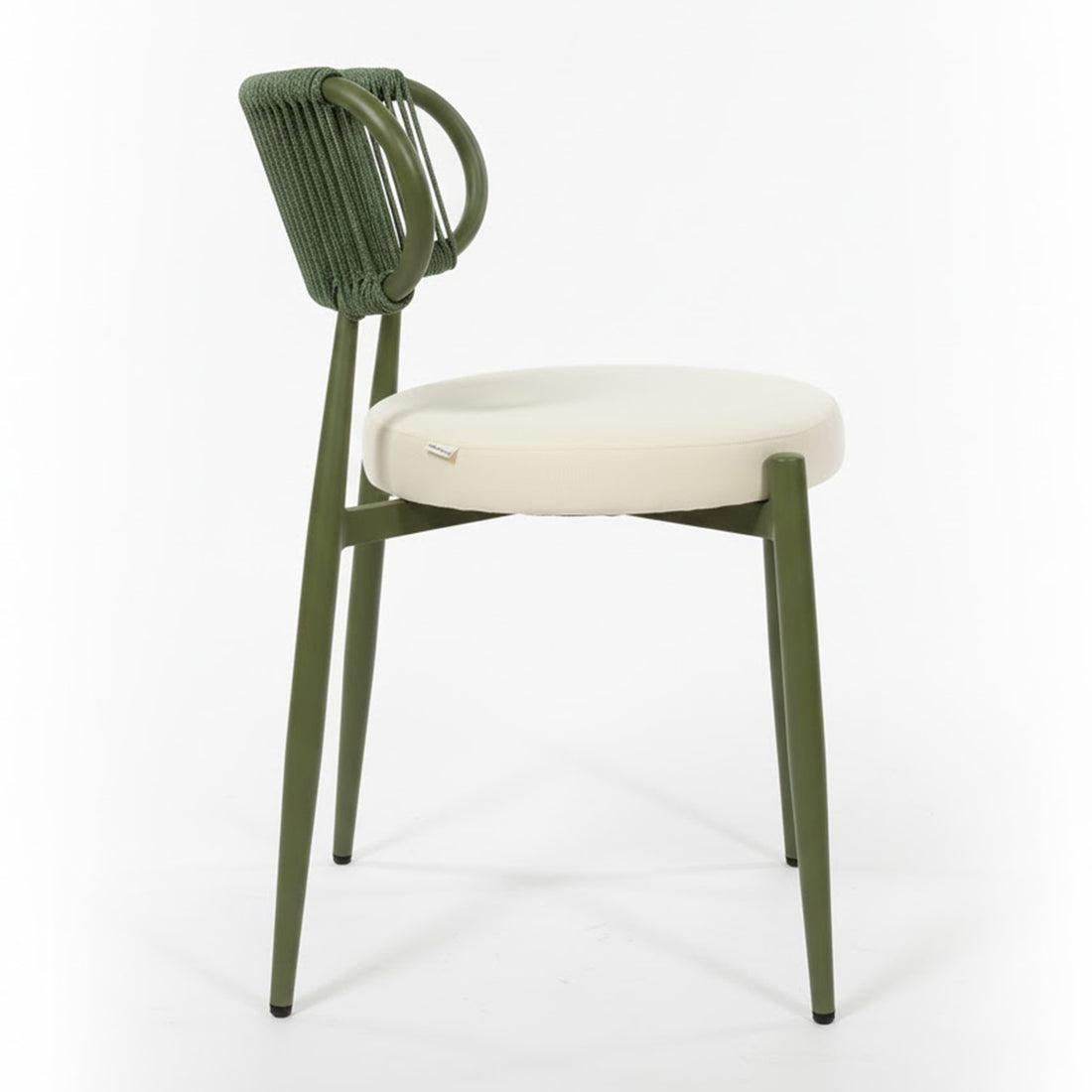 Cabria 7 Piece Sintered Stone Outdoor Dining Set in Green, featuring modern side chairs with olive-green metal legs, cream seat cushions, and curved backrests wrapped in green rope, exemplifying luxury and durability.