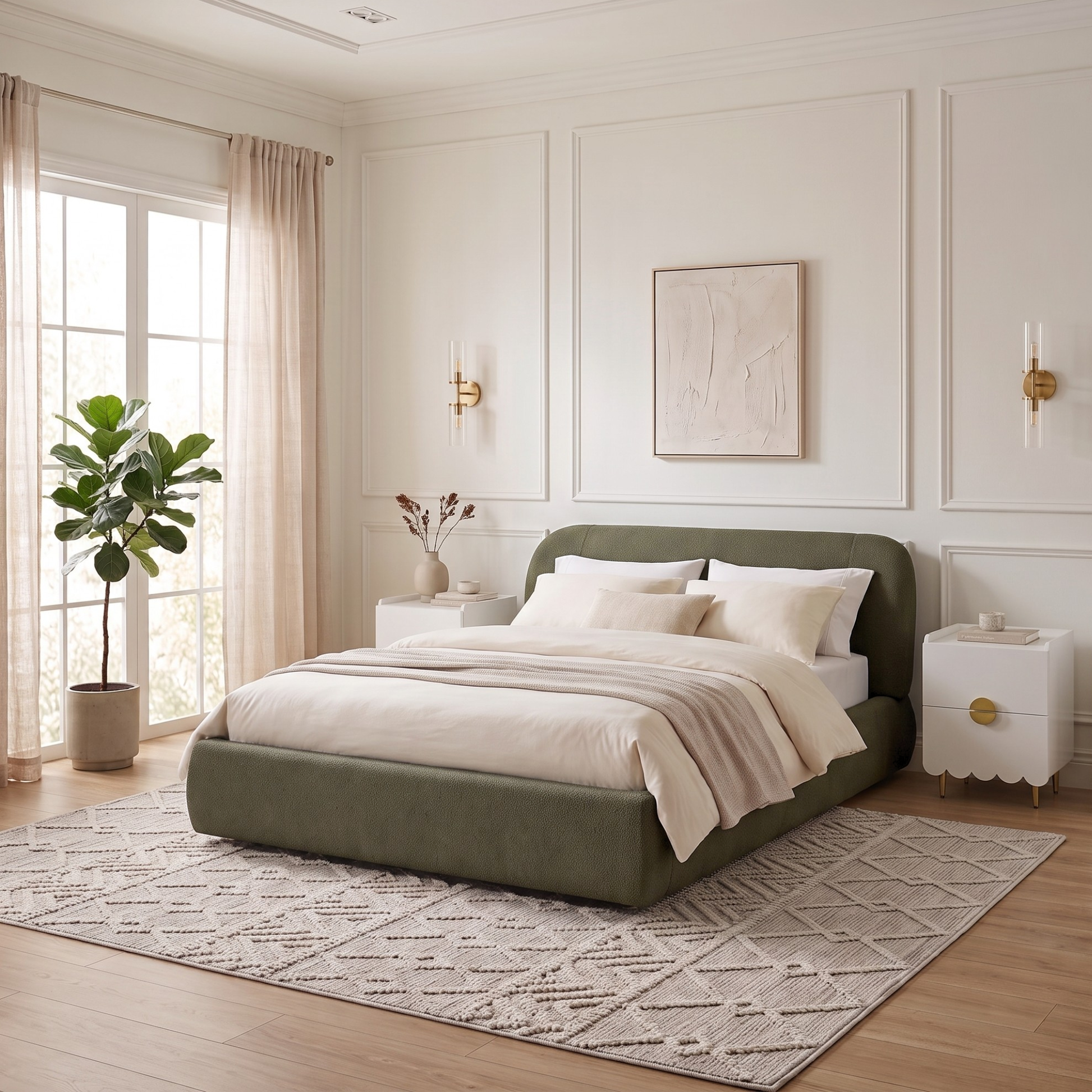 Modern upholstered bed styled in a bright elegant bedroom