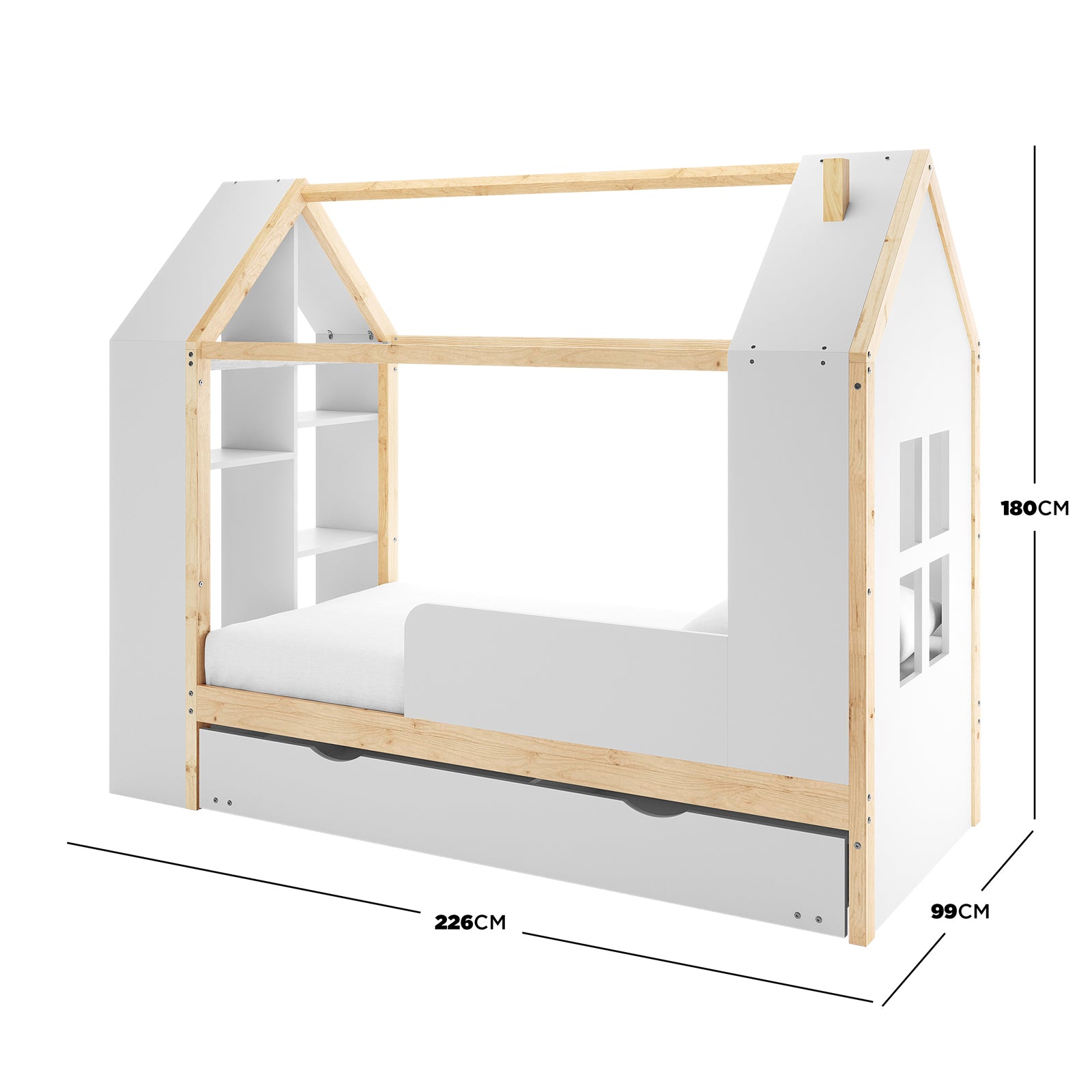 Haron Single Cubby House Bed Storage in White & Natural: A house-style bed with gabled panels, a roof-line rail, integrated shelves, and a pull-out storage drawer, enhancing play and organization in children's rooms.