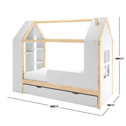 Haron Single Cubby House Bed Storage in White & Natural: A house-style bed with gabled panels, a roof-line rail, integrated shelves, and a pull-out storage drawer, enhancing play and organization in children's rooms.