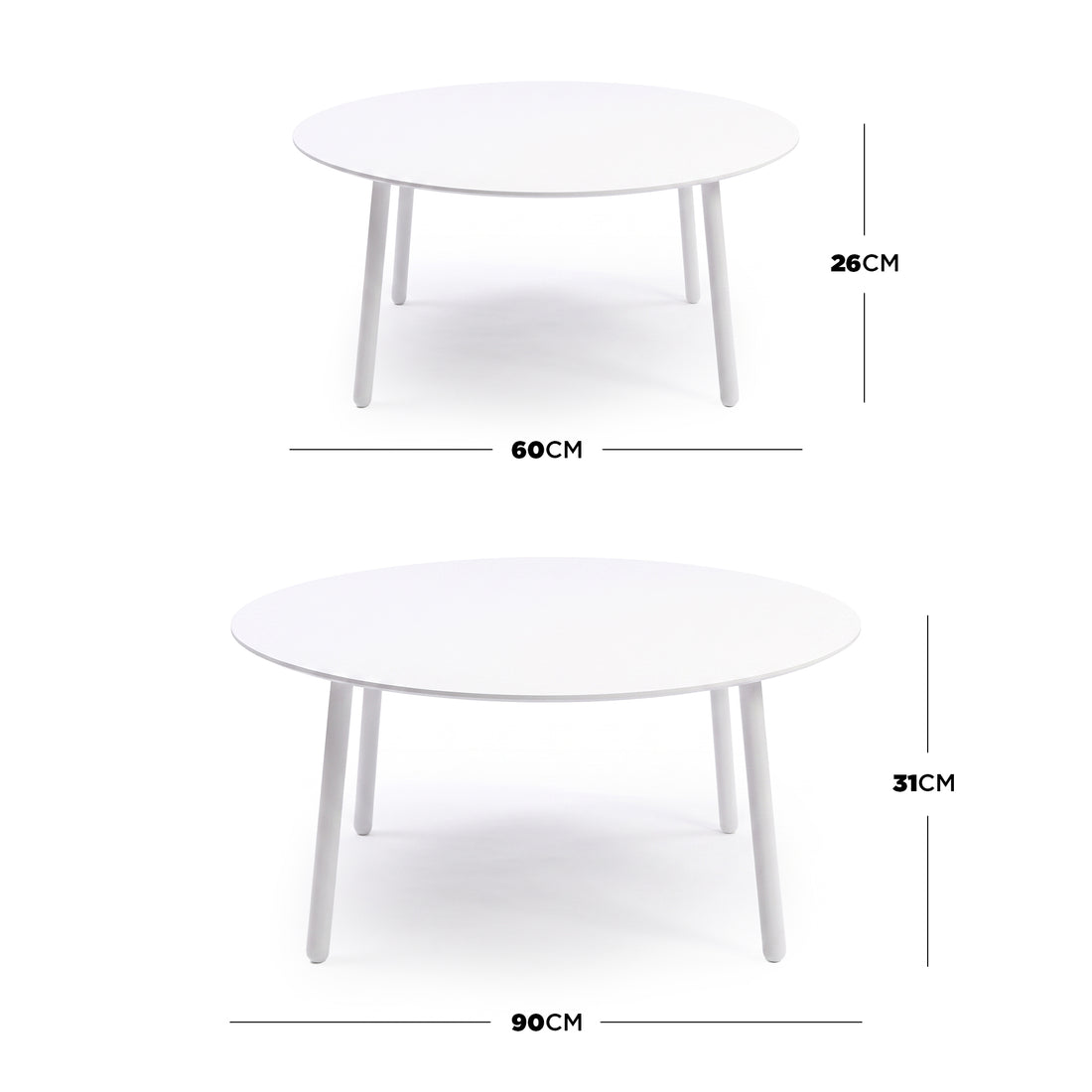 Two round nesting tables on white background with dimensions displayed