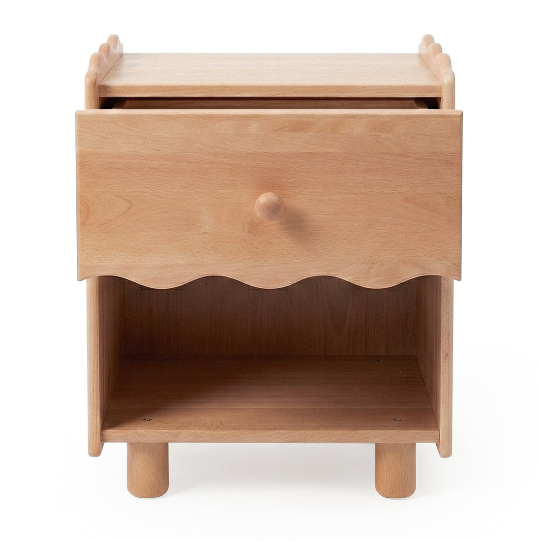 Wooden nightstand with scalloped drawer front on white background