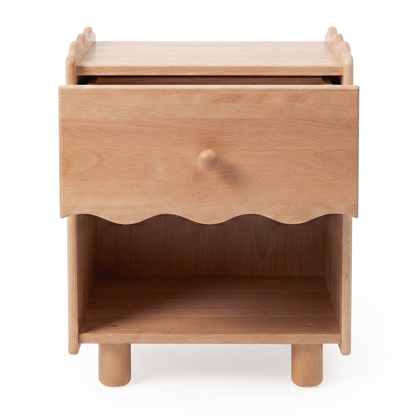Wooden nightstand with scalloped drawer front on white background