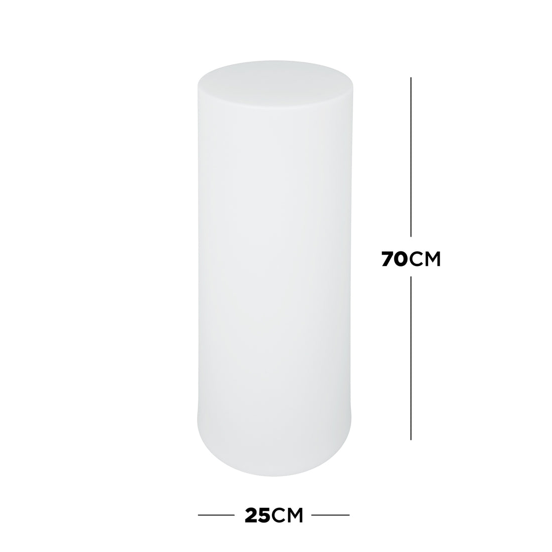 16 Colour Outdoor LED Bollard Light in Multicolour, a plain white cylindrical light, 70 cm tall and 25 cm in diameter, displayed with measurement lines against a white background.