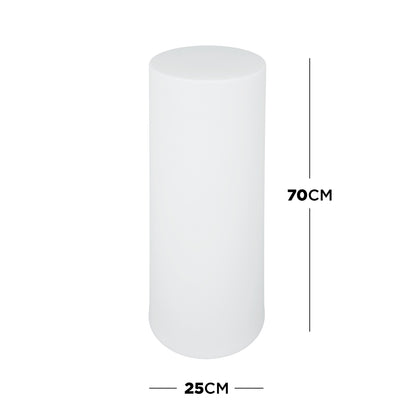 16 Colour Outdoor LED Bollard Light in Multicolour, a plain white cylindrical light, 70 cm tall and 25 cm in diameter, displayed with measurement lines against a white background.