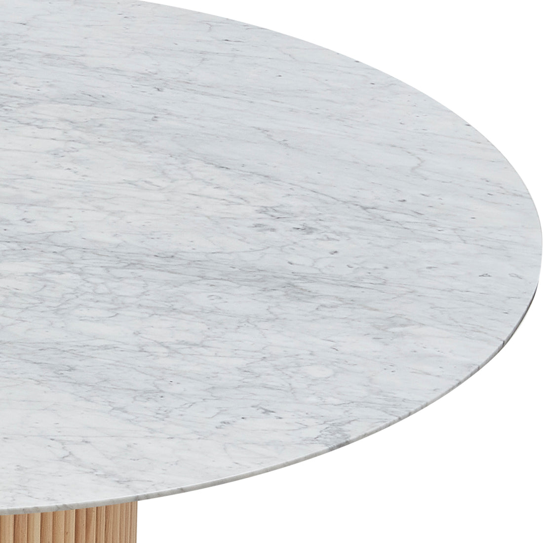 Gracie 120cm Round Marble Dining Table in Natural, showcasing a white marble top with subtle gray veining on a fluted wooden pedestal, highlighting its elegant and sturdy design.