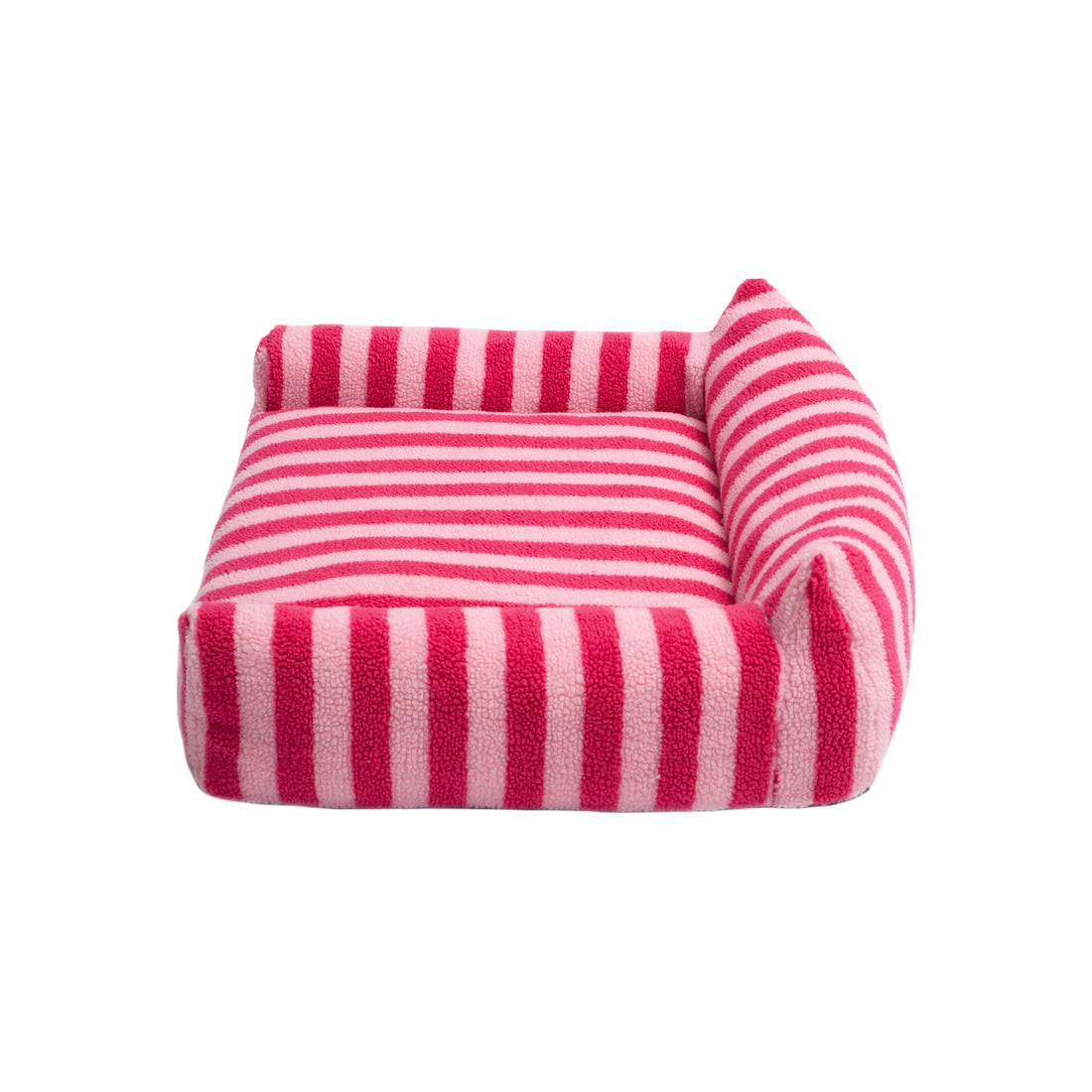 Plush pet bed with alternating hot pink and light pink stripes on a plain white background, full view