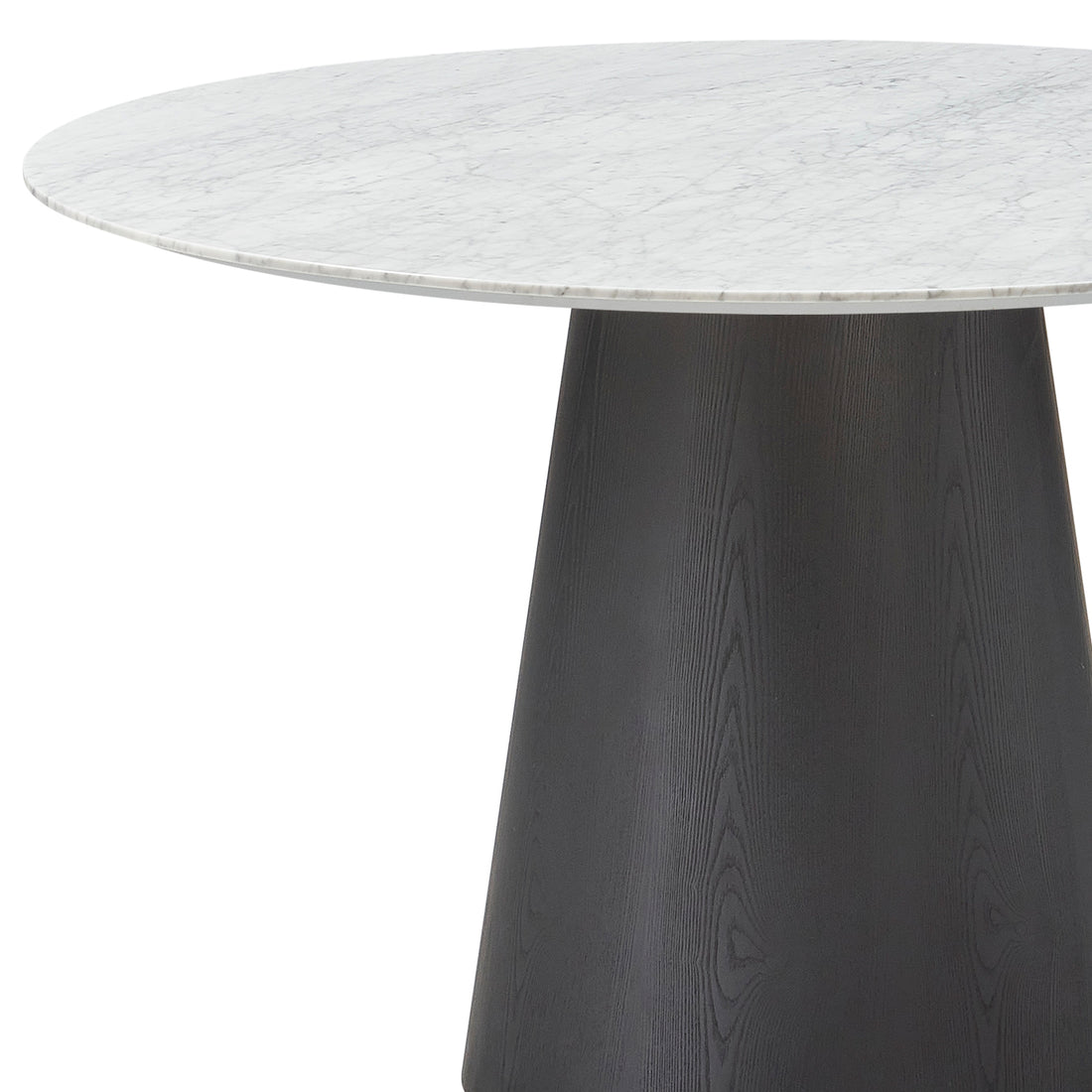 Dina 120cm Round Marble Dining Table in Carrara Black features a white, marble-patterned tabletop atop a dark, cone-shaped pedestal base, offering a blend of elegance and modernity for refined dining spaces.