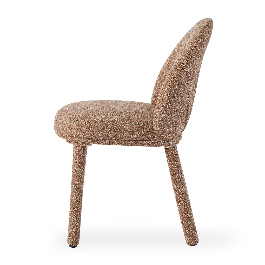 Joren Boucle Arched Dining Chair Set of 2 in Coral, featuring a profile view of a fully upholstered chair in speckled tan-brown bouclé fabric with a rounded seat, curved backrest, and cylindrical legs.