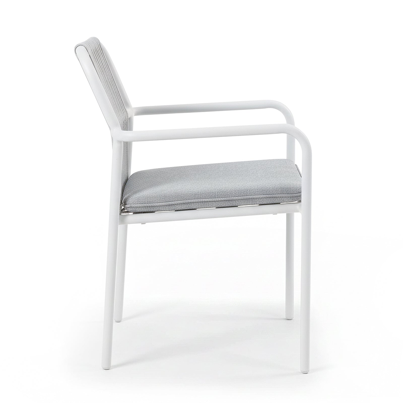 Evone Aluminium Rope Outdoor Dining Chair in Light Grey, featuring a sleek white metal frame, rounded armrests, light-gray upholstered seat cushion, and a matching mesh backrest, viewed from the side.